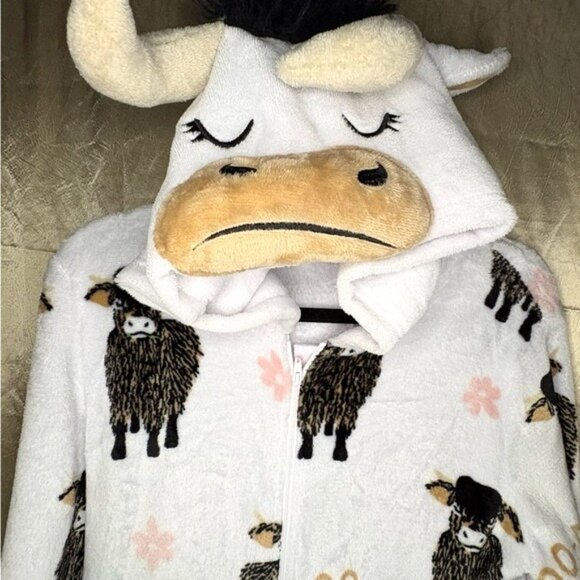 Cow Hooded Soft Fluffy Cozy Loungewear Pajamas White Black Pink Fleece Ears Horn - Picture 9 of 12